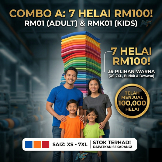 [COMBO A] 7 PCS RM100 -Daily Microfiber Round Neck T-Shirt (XS-7XL & Kids)